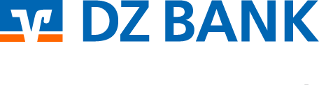 The image contains the logo of DZ Bank, which is a prominent corporate and investment bank in Germany. The design features a stylized emblem, typically composed of a "V" icon enclosed in a blue square, followed by the letters "DZ BANK". The logo uses a color combination of blue and orange, with the orange element appearing as a subtle underline beneath the emblem to the left.